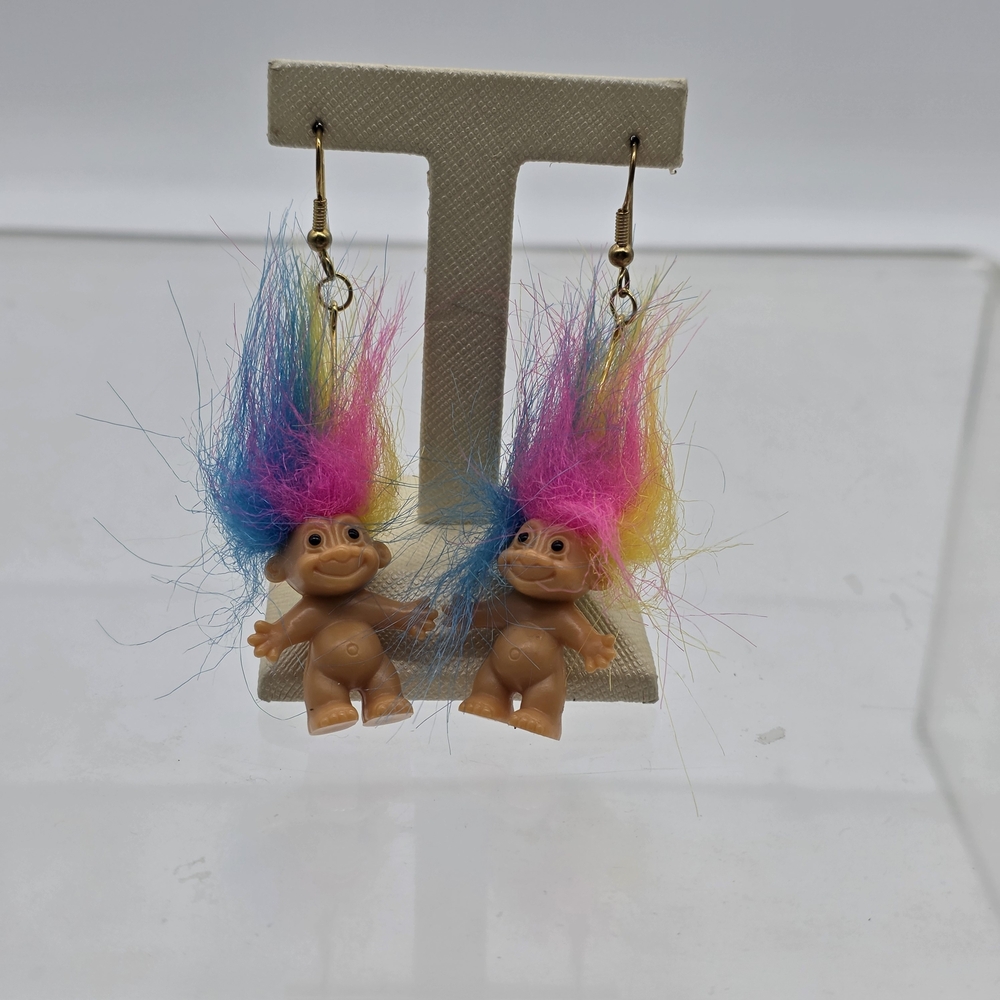 RUSS Troll Doll Earrings Rainbow Hair Vintage 90s Plastic Dangle Novelty
